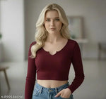 Casual Polyester Blend V-Neck Full Sleeves White Crop Top (17