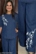 Trendy Women's Blue Denim Set – Embroidered Leaf Design – Top & Palazzo Pants Combo