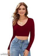 Casual Polyester Blend V-Neck Full Sleeves White Crop Top (17