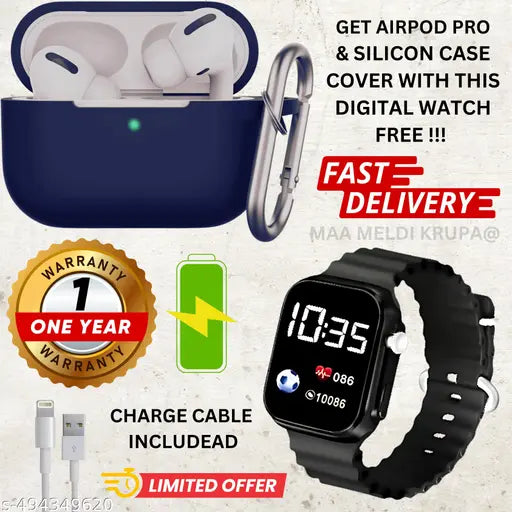Premium Bluetooth Earbuds(AIRPOD PRO) & Digital Watch Combo – Noise-Canceling, True Wireless Earbuds, Sports, Sweatproof, Touch Control, Long Battery Life, Water-Resistant Luxury Analog Men’s Watch, Stylish Wristwatch(BT + CASE COVER + WATCH)
