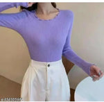 ZAIFA Pico Full Sleeves Round Neck Ribbed Top for Women Stylish Casual Full Sleeve T-Shirt for girls