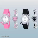 Isa Analogue Butterfly Flower Design Dial PU Strap Analog Girl's and Women's Watch (BLACK,PINK-Pack of 2)