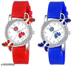 Isa Analogue Butterfly Flower Design Dial PU Strap Analog Girl's and Women's Watch (BLACK,PINK-Pack of 2)