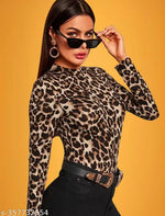Casual Polyester Blend Round Neck Long Sleeves Animal Printed Black Stylish Top (