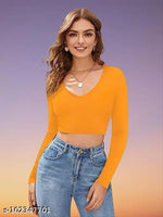 Casual Polyester Blend V-Neck Full Sleeves White Crop Top (17