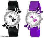 Isa Analogue Butterfly Flower Design Dial PU Strap Analog Girl's and Women's Watch (BLACK,PINK-Pack of 2)