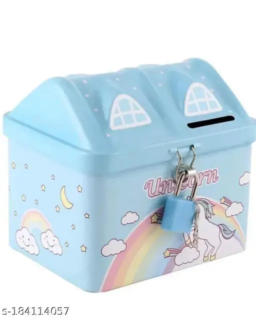 ARN Unicorn Printed Hut  Shape Metal Coin Bank Piggy Bank for Kids with Lock and Key, Medium Heart  Piggy Bank Multicolor  ( pink or blue anyone as per availability)