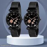 Isa Analogue Butterfly Flower Design Dial PU Strap Analog Girl's and Women's Watch (BLACK,PINK-Pack of 2)