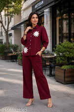 Trendy Women's Blue Denim Set – Embroidered Leaf Design – Top & Palazzo Pants Combo