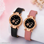 Isa Analogue Butterfly Flower Design Dial PU Strap Analog Girl's and Women's Watch (BLACK,PINK-Pack of 2)