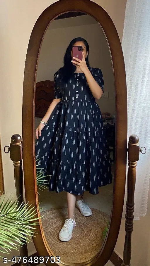 Women’s Black Printed Cotton Blend Fit & Flare Midi Dress | Puff Sleeve Casual A-Line Dress | Elegant Office, Party & Daily Wear Dress