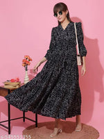 Sheetal Associates Black,Brown Abstract Print Puff Sleeves Fit and Flare Maxi Dress