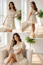 Casual Polyester Blend Puff Sleeves V-Neck Knee Legnth Drawstring Dress (41