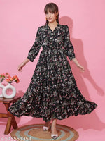 Sheetal Associates Black,Brown Abstract Print Puff Sleeves Fit and Flare Maxi Dress