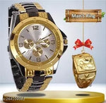 Rosra Golden Formal Watch For Men's Ring +Chain Free (MOR RING+ CHAIN) For Boys
