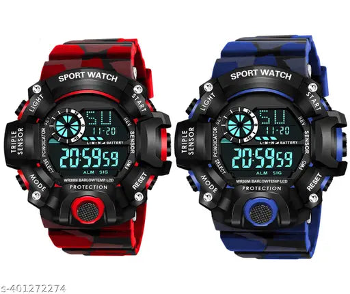 Motugaju Digital Watch Shockproof Automatic Army Red Blue Color Strap Waterproof Digital Sports Combo Watch for Men Kids Watch for Boys Watch for Men Pack of 2