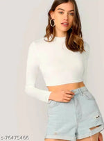 Casual Polyester Blend V-Neck Full Sleeves White Crop Top (17