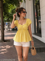 YELLOW CASUAL GINGHAM COTTON WESTERN STYLISH WOMENS TOP FOR GIRLS