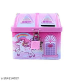 ARN Unicorn Printed Hut  Shape Metal Coin Bank Piggy Bank for Kids with Lock and Key, Medium Heart  Piggy Bank Multicolor  ( pink or blue anyone as per availability)