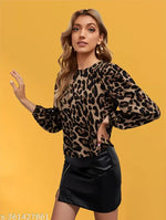 Casual Polyester Blend Round Neck Long Sleeves Animal Printed Black Stylish Top (