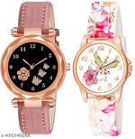 combo watch for women Best Quality Festive Season Flower Designer Round Dial Attractive Leather Belt combo wathces for women stylish girl watches analog leather belt watches wrist watches combo led watch for girl