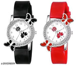Isa Analogue Butterfly Flower Design Dial PU Strap Analog Girl's and Women's Watch (BLACK,PINK-Pack of 2)