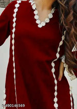 Maroon Straight Fit Kurta Set for Women with Elegant Floral Lace Detailing | Stylish Ethnic Wear with Matching Pants