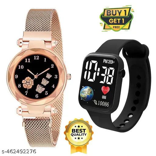 Analogue Magnet Strap Women's Girls Watch Sweet Heart with Digital watch Combo for Girl's & Women's Watch Pack of 2