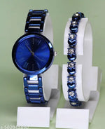 New Arrivals Festive Seasonal Stylish Throns Fit Round Ad Solid Gold Dial Metal Chain Belt Analog Watch with Attractive Diamond Studded Bracelet Combo for Women & Girls.