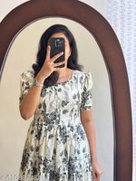Women’s Black Printed Cotton Blend Fit & Flare Midi Dress | Puff Sleeve Casual A-Line Dress | Elegant Office, Party & Daily Wear Dress