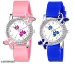 Isa Analogue Butterfly Flower Design Dial PU Strap Analog Girl's and Women's Watch (BLACK,PINK-Pack of 2)
