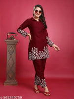 Women's Floral Yoke Design Pleated Thread Work A-Line Kurta with Trousers