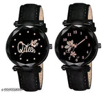 Isa Analogue Butterfly Flower Design Dial PU Strap Analog Girl's and Women's Watch (BLACK,PINK-Pack of 2)