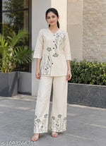Women's Floral Yoke Design Pleated Thread Work A-Line Kurta with Trousers