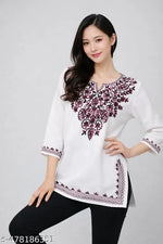 Rayon Short Kurti for Women | Embroidery Notch Neck | Three-Quarter Sleeve | Casual & Party Wear | Under 300 | Light fabrics | Summer wear | Summer kurti. Kashmiri Kurti Under 199