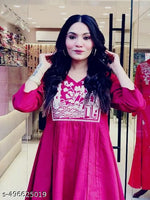 Women's Floral Yoke Design Pleated Thread Work A-Line Kurta with Trousers