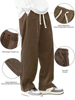 Mens Corduroy Casual Pants Fashion Loose Fit Wide Leg Pants Straight Sweatpants Elastic Waist Drawstring