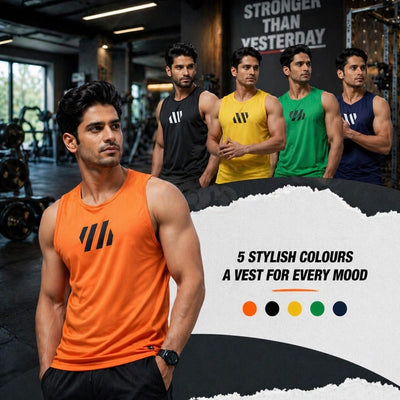 PSC Men’s Gym Vest Pack of 5 – Stylish, Breathable, Stretchable & Comfortable Sleeveless Sports Vest for Workout, Running, Training & Daily Wear.