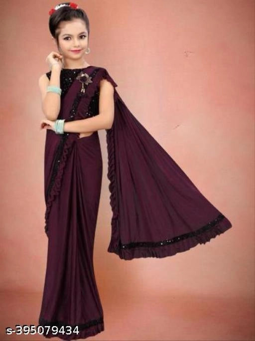 Lycra Solid Saree for Girls (Wine, 9-10 Years)