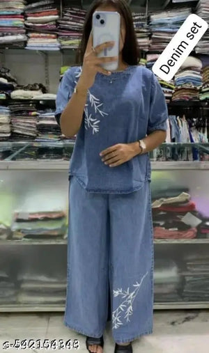 Trendy Women's Blue Denim Set – Embroidered Leaf Design – Top & Palazzo Pants Combo