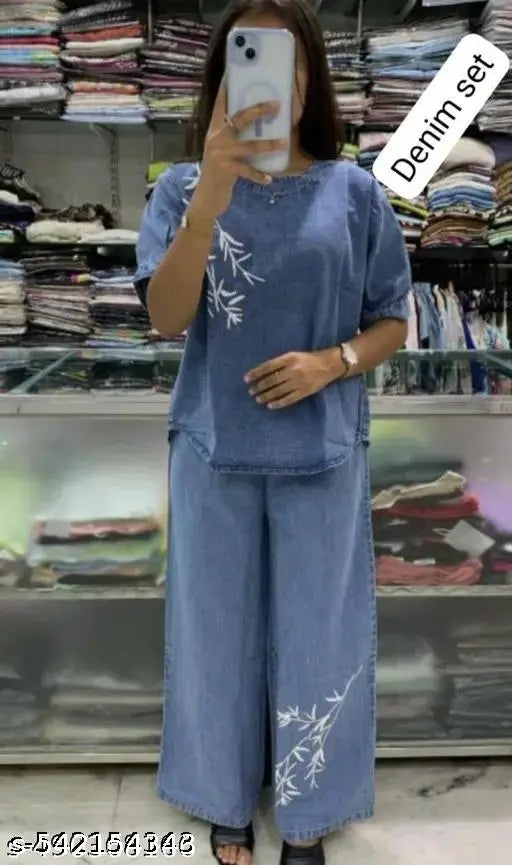 Trendy Women's Blue Denim Set – Embroidered Leaf Design – Top & Palazzo Pants Combo