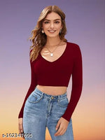 Casual Polyester Blend V-Neck Full Sleeves White Crop Top (17