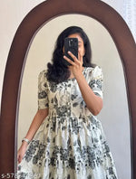 Women’s Black Printed Cotton Blend Fit & Flare Midi Dress | Puff Sleeve Casual A-Line Dress | Elegant Office, Party & Daily Wear Dress