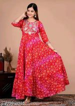 Women's Trending Embroidered Bandhej Anarkali Kurti