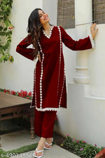 Maroon Straight Fit Kurta Set for Women with Elegant Floral Lace Detailing | Stylish Ethnic Wear with Matching Pants