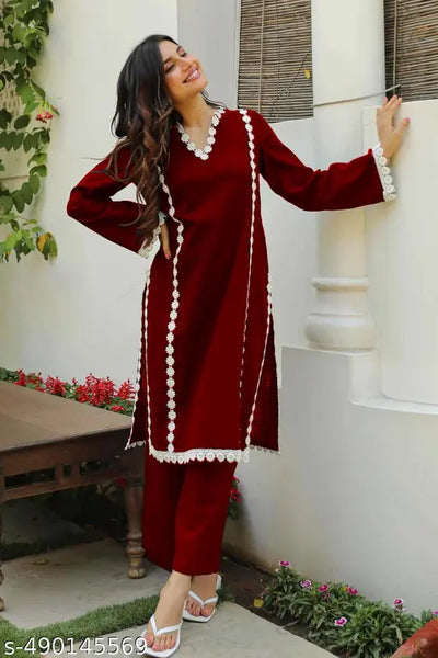 Maroon Straight Fit Kurta Set for Women with Elegant Floral Lace Detailing | Stylish Ethnic Wear with Matching Pants