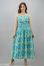 Samragyi women's stylish PURE & 100% RAYON (NO CREPE/POLYSTER) rayon leaf printed brown long off shoulder strap sleeveless high and good quality gowns Dresses for women and girls long dress sleeveless dress sleeveless dress for women and girls