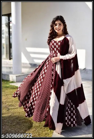 Women's Rayon Maroon Anarkali Printed Kurta with Dupatta Set