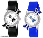 Isa Analogue Butterfly Flower Design Dial PU Strap Analog Girl's and Women's Watch (BLACK,PINK-Pack of 2)