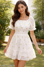 Dresses for girls-, Sleeveless, Scoop Neck, Swing Dress, Polka Dot Floral Print, White
